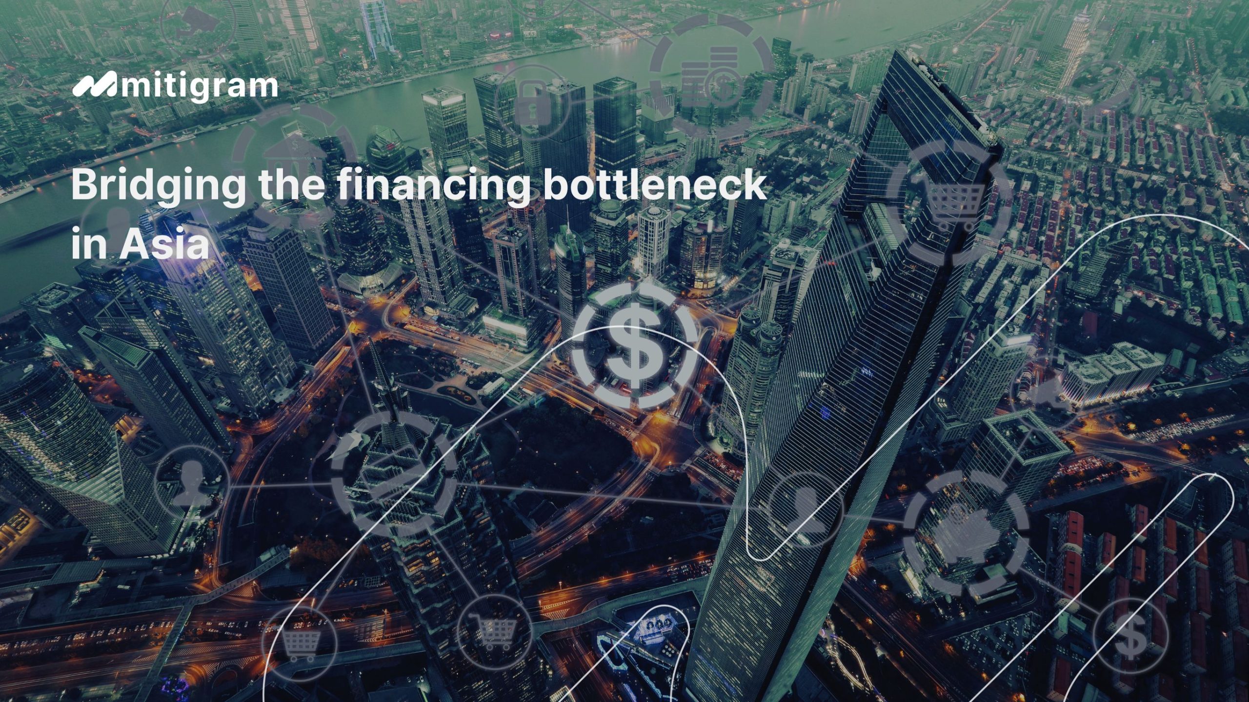 Modern Asian tower with digital nodes representing fintech solutions for trade finance gaps.