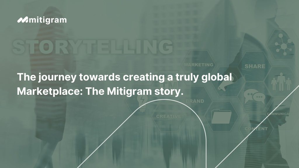 Illustration of a global trade finance network with The Mitigram Story highlighted, showcasing digital innovation connecting banks, corporates, and traders worldwide.
